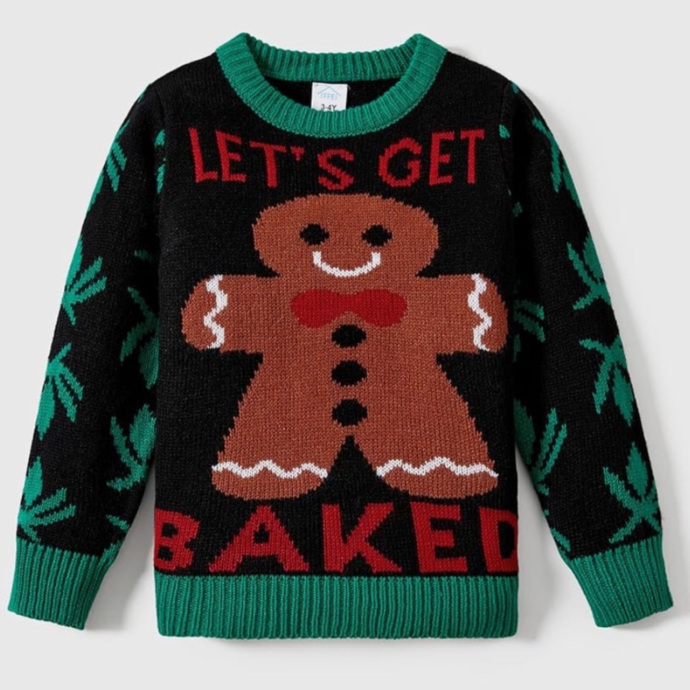 8-9Y Holiday 'Let's Get Baked' Gingerbread Sweater - Black & Green